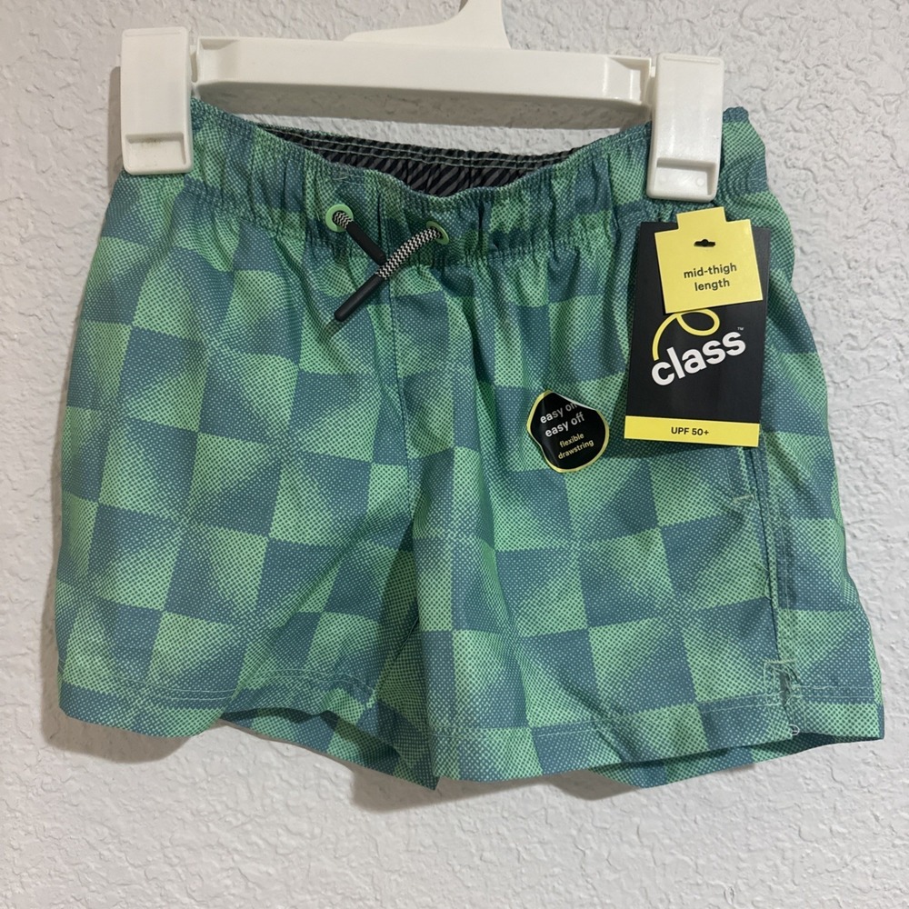 NWT Swim Shorts Boys Blue & Green Checkerboard Swim Trunks XS 4/5 UPF 50+ NWT
